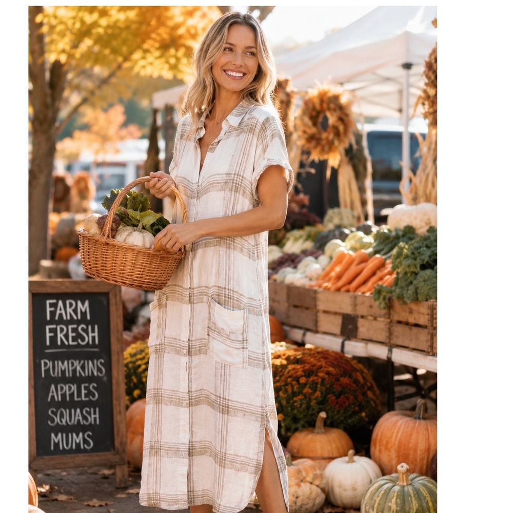 Reformation Linen‎ Look Plaid Relaxed Shirt Dress Pockets Ivory Brown Size Large